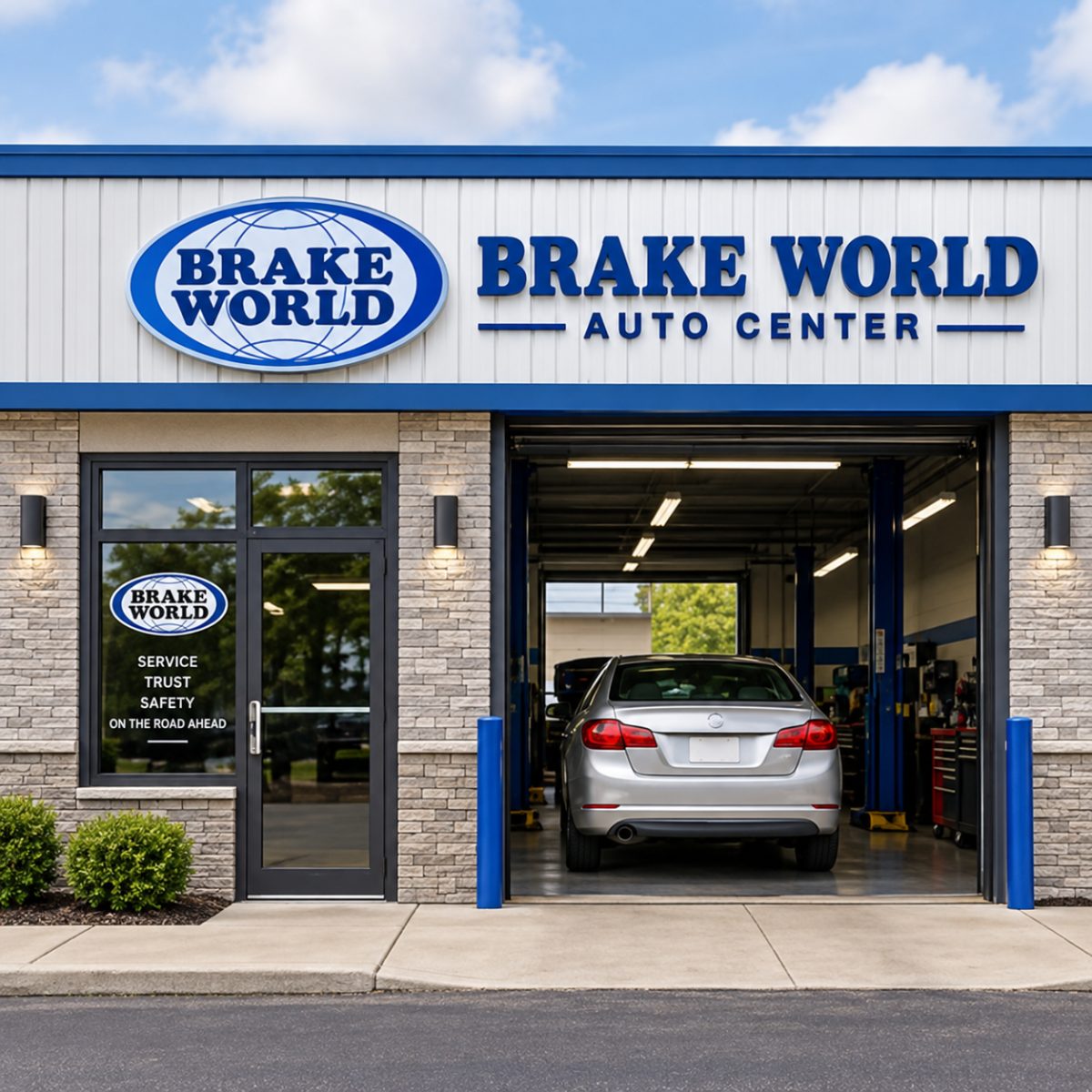 The storefront of Brake World Auto Center is visible with an open service bay containing a silver sedan.