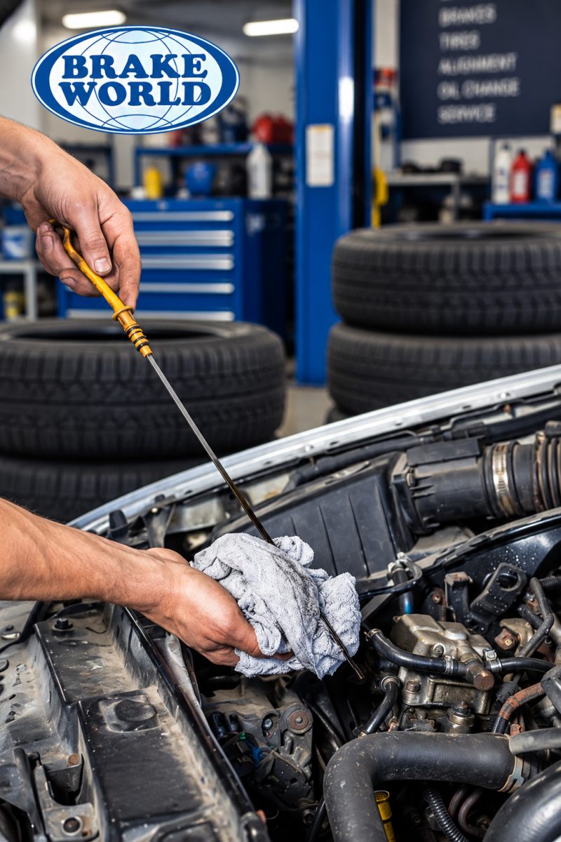 A person is pulling and wiping an engine oil dipstick in a repair garage with stacked tires and a visible Brake World logo.